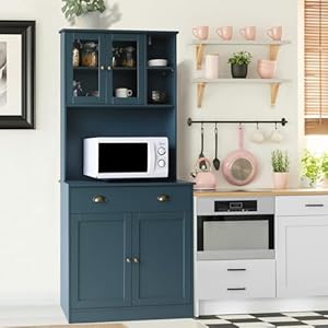 72" Kitchen Pantry Cabinet with Microwave Stand, Freestanding Storage Cabinet with Shelves, Drawers and Doors for Kitchen, Dining Room and Living Room, Blue 72 Kitchen Pantry Cabinet with Microwave Stand Freestanding Storage Cabinet with Shelves Drawers and Doors for Kitchen Dining Room and Living Room Blue