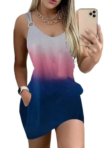 Image of Live Simple Coconut Tree Color Block Pocket Mini Dress Women Summer Beach Sleeveless Strap Tshirt