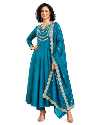 Image of Yashika Women's Silk Blend Embroidered Anarkali Kurta Set with Dupatta | Full Length Ethnic Wear for Women | Wedding