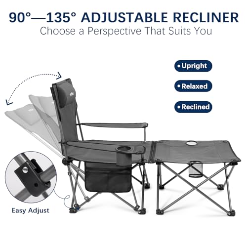 Image of apollo walker Reclining Beach Chair, Adjustable 90-135 Backrest Camping Lounge Chairs for Adults, Folding Chair with Foot Rest & Detachable Pillow - Upgraded 8-Leg, Grey