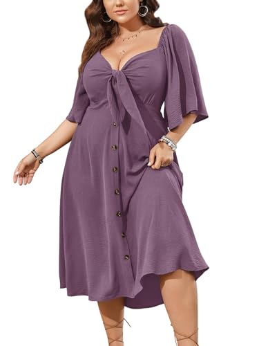 Image of SCOMCHIC Plus Size Summer Dress Casual Short Sleeve Bow Tie Deep V Neck Smocked Button Down Midi Flowy A-line Boho Dresses