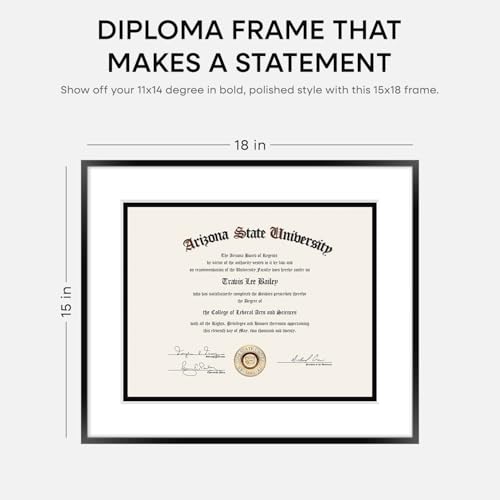 Image of Homeforia 15x18 Diploma Frame Black, High End Metal 15 x 18 Black Certificate Frame with Mat 11 x 14, 18x15 Document Frame Matted to 11x14, Graduation Degree Frames, Tempered Glass, Wall Kit, Set of 1