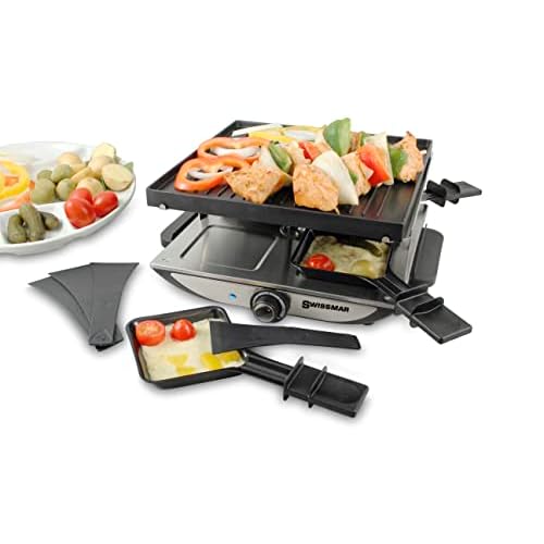 Swissmar Geneva 4 Person Party Raclette Grill, Indoor Non-Stick Reversible Grill Pan with Plates and Spatulas, Electric Heat Control, Indoor Cooker for Grilling and Melting Cheese