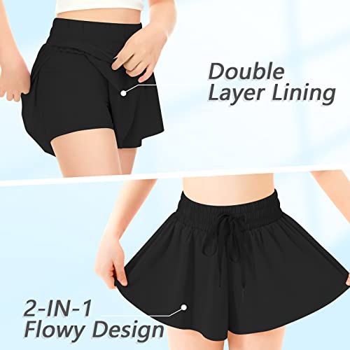 Girls Flowy Shorts Butterfly Shorts With Pocket 2-In-1 Athletic Shorts Running Shorts For Girls Kids Active Workout Sports (Black,Small) #TOP3