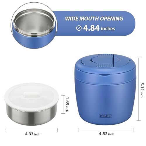 Image of Itslife 32oz Insulated Soup Thermo, Vacuum Stainless Steel Food Jar for Hot & Cold Food, Leakproof Wide Mouth Lunch Container with Spoon (Blue)