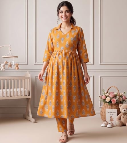 Image of DUMMY SHAPE Maternity Dresses for Women Cotton | Floral Kurta Pant Dupatta Set with Nursing Zippers, Side Pocket | Pre & Post Pregnancy | Feeding Kurti Suit | Baby Shower | Gifts for Pregnant Woman