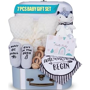 Baby Shower Gifts Set | 7 Pieces Baby Gift Box for Infant Boy or Girls 0-12 Months | Cute Baby Shower Gift’ with Newborn Blanket, Security Blanket, Wooden Rattle Toy, Baby Bib and Socks, Greeting Card