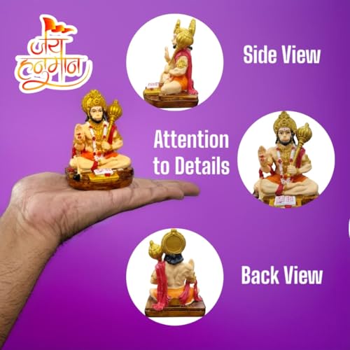 Image of RIANZ Resin Blessing Hanuman Ji God Idol for Car Dashboard, Home Mandir & Office Desk | Bajrangbali Murti with Gada | Compact Spiritual Decor (9cm x 6.5cm) (Multicolor)