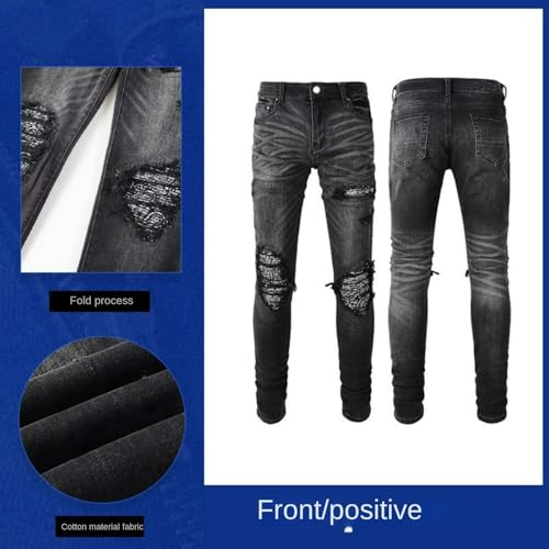 Jeans Pants Trousers Denim Men Street Trendy Stretch Slim Fit Black Pierced Retro Embroidered Casual Small Straight Leg(Black,31)4