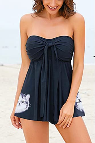 NLAND Trajes de baño Tankini para Mujer Dos Piezas Conjunto de Bañador Estampado Volantes Swimsuit con Halter Push Up Top y Bragas para Piscina(Gato Negro,XL)