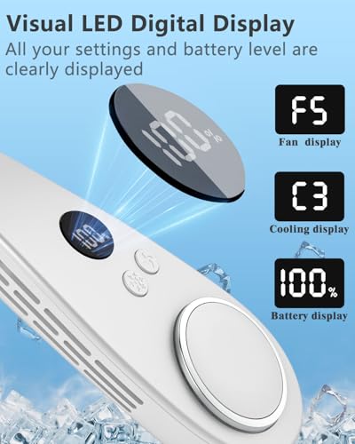 Image of Portable Neck Fan with Cooling Plate, Chargeable 5500mAh 3-15H Lasting, Personal Cooling Fan with LED Display, Wireless Hand-Free Mini Headphone Fans Festival Gifts for Kids Women Men Adults, White