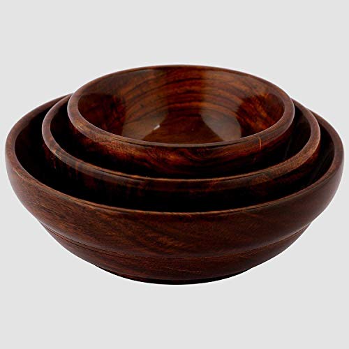 Image of Wooden Handmade Contemporary Platter Multipurpose Serving Bowl For Kitchen (Brown) -Set Of 3,Standard, 500 ML