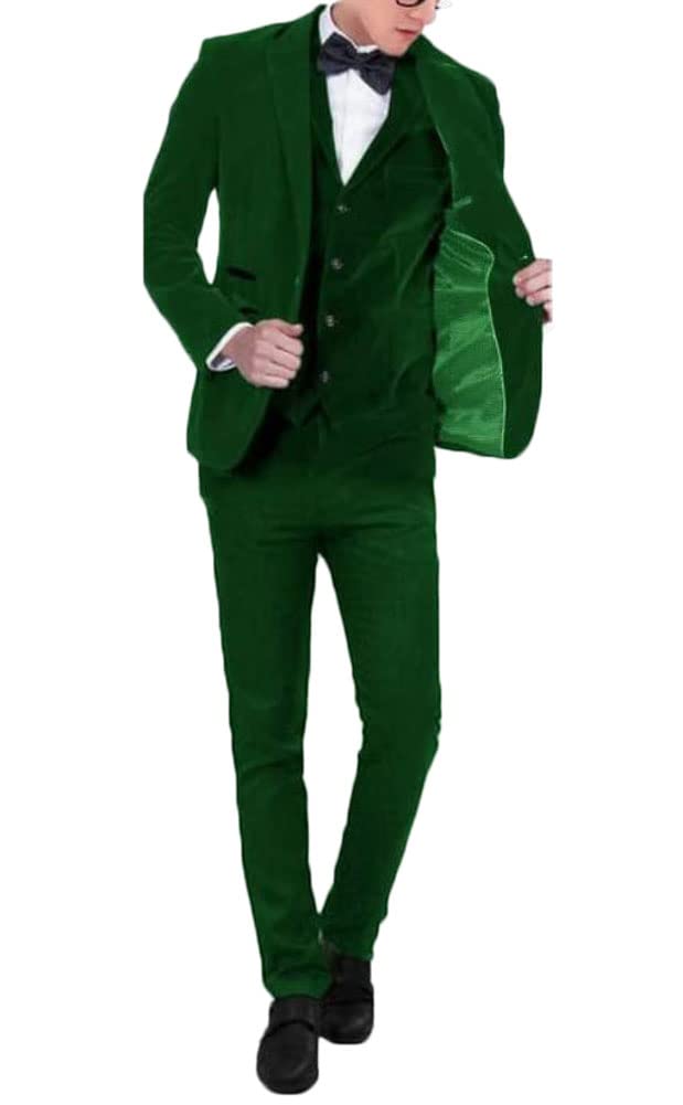 Botong Men's Green Slim Fit Velvet Formal Suit 3 Pc Peak Lapel Wedding Suits For Groom Tuxedos Prom Suit 52 Chest / 46 Waist