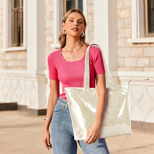 Image of KALIDI PVC Zipper Tote Bag, Jelly Kraft Paper Beach Bag Large Hobo Carry All Travel Shopping Handbag Plastic Shoulder Bag