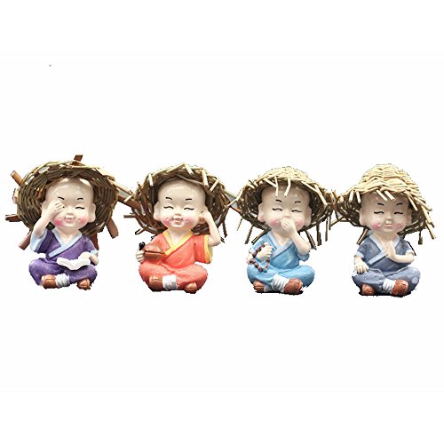 Tateely 4Pcs/Set Little Kungfu Monk In Straw Hat Figurines Car Dolls Decoration,Home Decor Shaolin Temple Monks Boy Car Ornament #TOP10