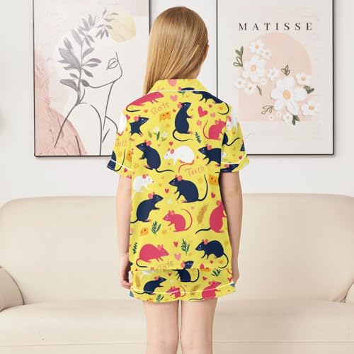 Satin Pajama Sets Short Sleeve Rats Teeth Hearts Flowers Button Down Silky Nightwear 2 Piece PJS 5-14Y4