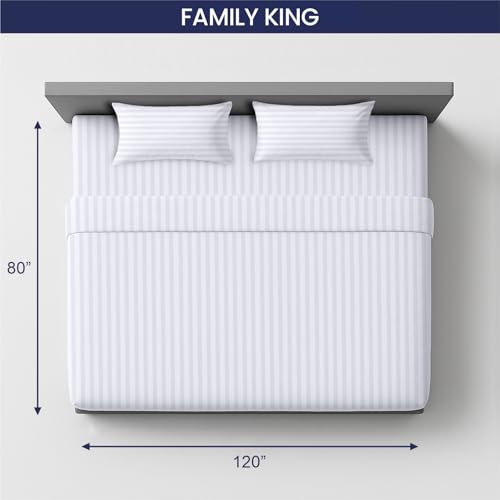 Image of SGI bedding 120 inch W x 80 inch L 4Pc Family King Sheet Set 100% Egyptian Cotton - 600 Thread Count, Fits 15 inch Deep Pocket - Soft Breathable Oversized Sheets, for Extra Large Beds - White Stripe