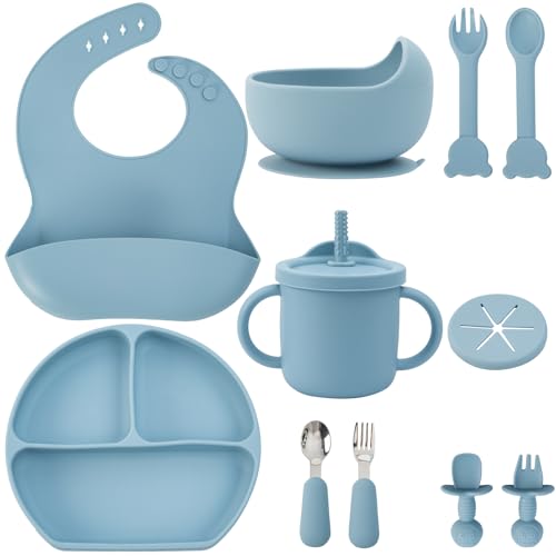 Image of Baby Silicone Feeding Set, 13PCS Baby Self Feeding Set, Toddler Led Weaning Utensils Sets with Suction Bowl and Plate, 3 Set of Baby Spoons and Forks, Adjustable Bid, Sippy Cup with Straw and 2 Lids