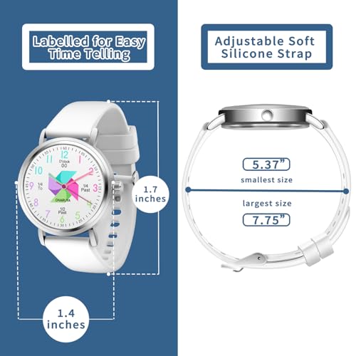 Kids Watch Analog Waterproof, Pinwheel Learning Watch for Kids 8-12, Teacher Watches for Girl Ages 5-7 6-8, Easy to Read Educational Girls Watches White4