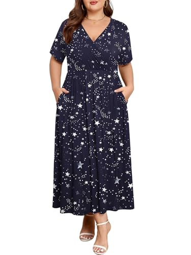 Image of BELAROI Womens Plus Size Maxi Dress Summer Wrap V Neck Flowy Long Sundress Beach Dresses with Pockets