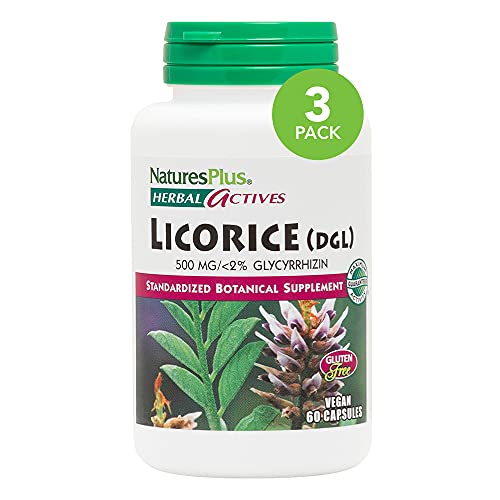 NaturesPlus Herbal Actives Licorice (DGL) 500 mg - 60 Capsules, Pack of 3 - Supports Healthy Digestion & Overall Well-Being - Vegetarian, Gluten Free - 180 Total Servings