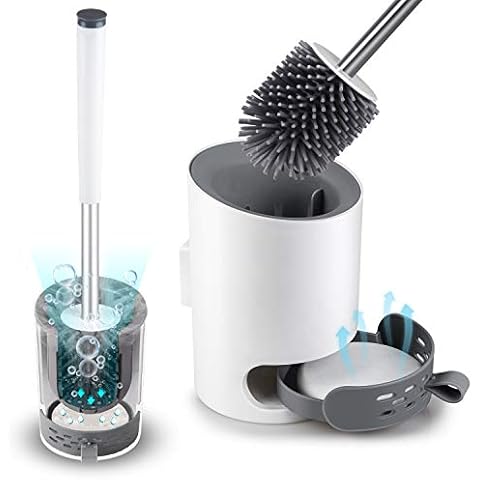 Domi-patrol Toilet Brush with Holder Wall Mounted, Upgraded Modern Toilet Brush White, Bathroom Toilet Brush Set Silicone Bristle Brush with Diatomite Mat & Tweezers Cover