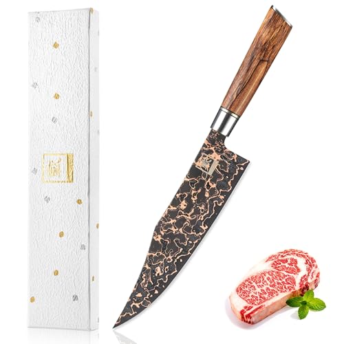 zayiko ShadowMagma Chefmesser, 21,5 cm Damast Kochmesser aus 73 Lagen Damaststahl mit VG10 Kern und V Schliff ca. 15°, mit Kupfer und Bronze Einlage, Griff aus Apfelwurzelholz, Geschenkbox