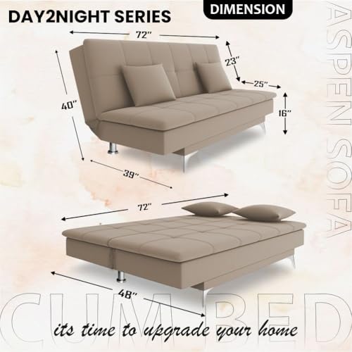 Image of Adorn India Premium New Aspen 3 Seater Sofa Cum Bed 4X6 Velvet Suede with 2 Cushions (Color Beige) and Suitable for All Indoor, with 3 Years Warranty