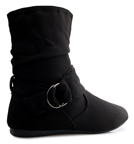 Olivia K Womens Low Heel Slouch Suede Slip On Casual Ankle Boots with Ring Buckle and Side Zipper3