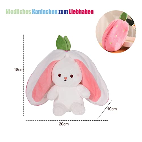 shineFinder Hasen Verstecken,Gefülltes Kaninchen mit Karotten und Erdbeeren, Plüschtier Hase, Hasenpuppe, Hasenplüsch, Weiches Plüsch-Kaninchen-Spielzeug(Erdbeere, 18cm)