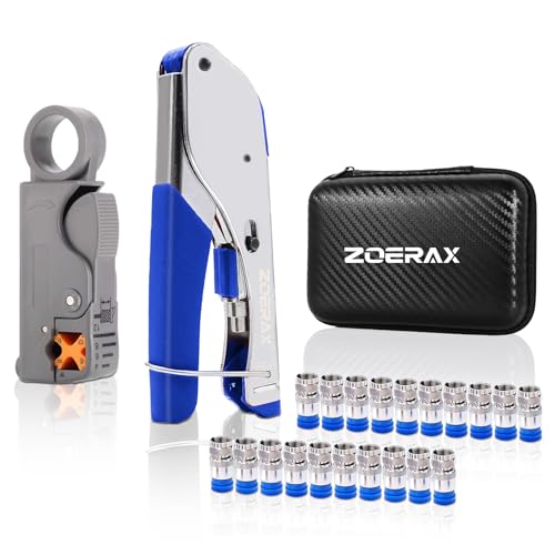 ZOERAX Coax Cable Crimper Kit for RG59 RG6 3-in-1 Coaxial Tool Set Includes Stripper & 20PCS F Connectors Compatible with RG11/RG7 for Satellite TV Home Theater & Network Cabling