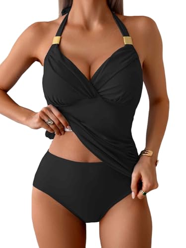 B2prity Women's Halter Tankini Set Tummy Control Swimsuit Mesh V Neck Two Piece Bathing Suit with High Waisted Bottom