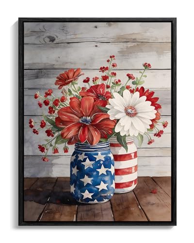 Image of Wildflower Field Framed Canvas Wall Art, 4th of July Red White Blue Canvas Prints, Flowers and Stripes Patriotic Decorations, Independence Day Wall Decor for Bedroom Living Room Office 24x36