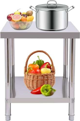 Mesa de trabajo de acero inoxidable, 60 x 45 x 80 cm, mesa de cocina con base extragrande, mesa de acero inoxidable, 2 estantes para restaurante, casa, hotel, cocina