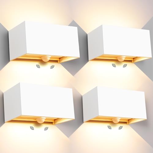 Kingwei 4 Piezas 20W LED Aplique de Pared Exterior Con Detector de Movimiento 3000K Luz Blanca Cálida Luminaria Exterior de Pared IP65 Lámpara de Pared Con Ángulo de Haz Ajustable Diseño Arriba Abajo