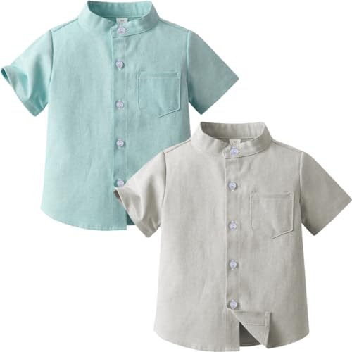 2 Pack Boys' Short Sleeve Henley Shirt Summer Button Down Cotton Casual Solid Dress Tops