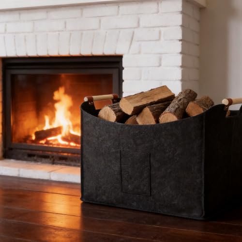 Faltbarer Holzkorb für Kaminholz 96L,Kaminholzkorb,Feuerholzkorb,Korb für Kaminholz, Brennholzkorb Filzkorb extra dicker Filz,Holzkorb für Kaminholz,verstärkter Griff -1 Pack Dunkelgrau