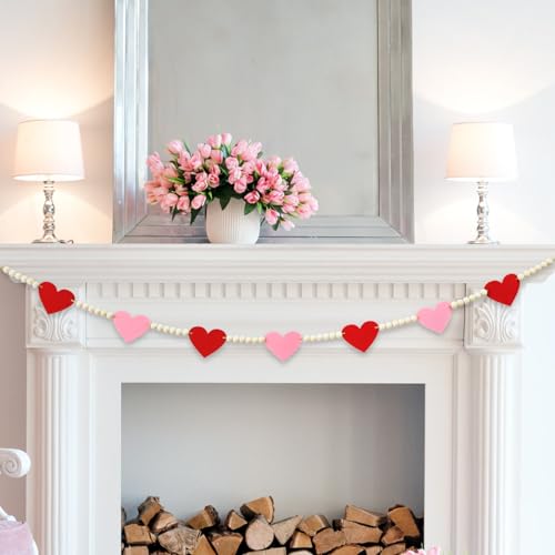 4.2 FT Felt Heart Wooden Beads Garland Valentine's Day Hanging Decorations, Romantic Beaded Tiered Tray Decor, Rustic Farmhouse Banner for Love Celebration, Shelf Display, Fireplace, Wall Decor