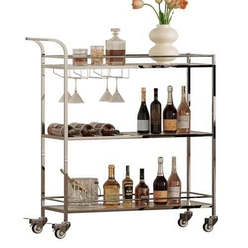 Alihdrna Bar Cart Silver Home Bar Serving Cart Modern Bar Cart with 3-Tier Mobile Kitchen Shelf with Wine Rack and Glass Holder Bar Carts for The Home Dining Room