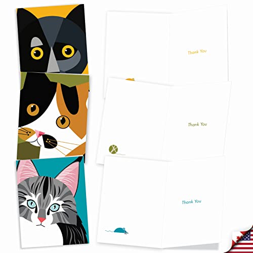 Image of The Best Card Company 10 Assorted Thank You Cat Lovers Notes Bulk Box Set 4 x 5.12 Inch with Envelopes (10 Designs, 1 Each) For Men and Women, Cubic Cats M6730TYG