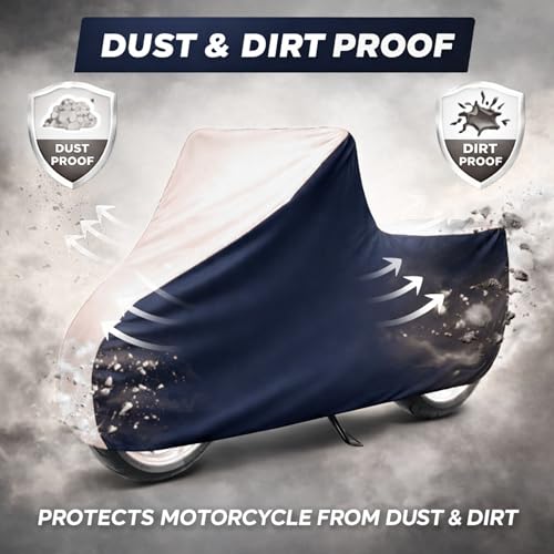 Image of 6X6 Heavy Duty Bike Cover for Hunter 350, Dual Tone White & Blue, All-Weather Protection, Waterproof, UV Resistant, Dustproof, Windproof, Durable Outdoor Motorcycle Body Covers for Daily Use