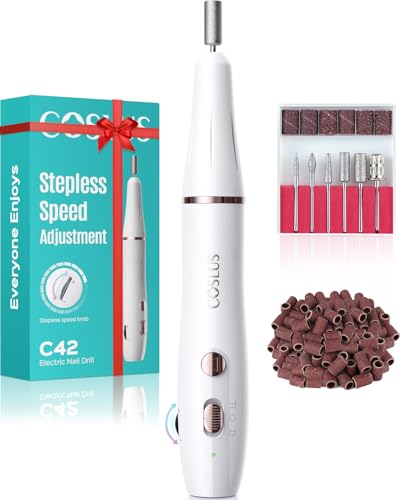 COSLUS C42 Cordless Electric Nail Drill File: Rechargeable Nail Drill Machine with Stepless Speed Knob Professional Efile with Manicure Pedicure Set Acrylic Gel Nails-Home Care Beauty Salon-White