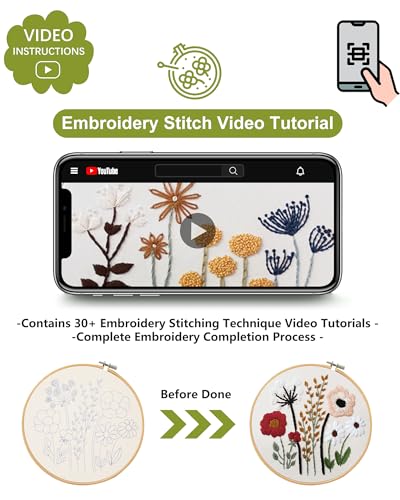 Image of Santune 3 Sets Embroidery Kit,Cross Stitch Kits for Beginners,Needlepoint Kits for Adults with Easy Floral Pattern Hand Crafts,Hoop,Needle,Mothers Day Gifts