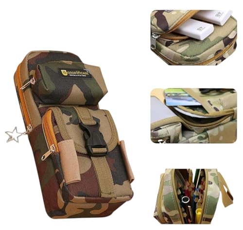 Image of Large Capacity Camouflage Pencil Case, 5 Layer Design, 3 Compartments, Fabric Construction, Zip Closure, Aesthetic School Organizer Bag