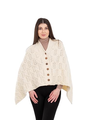 Image of SAOL Aran Poncho 100% Merino Wool for Ladies with Buttons V-Neck Shawl Cardigan