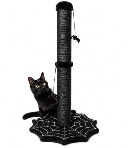PuzzlePaw Gothic Cat Scratching Post with Spider Dangling Toys for Indoor Cats Halloween Spooky Cat Scratcher Activity Cat Play Center Goth Cat Tree Tower Furniture with Cobweb Base Black