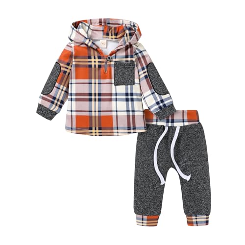 Image of KONIGHT Kids Toddler Infant Baby Boys Girls Winter Outfit Christmas Plaid Hoodie Sweatshirt Jackets Shirt+Pants Xmas Clothes