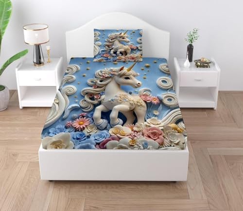 Image of Digital Printed Heavy Quality Glace Cotton 7D Bedsheet for Single Bed, 60 inch x 90 inch Flat Bedsheet with 1 Matching Pillow Cover for Kids, 300 TC (Unicorn)