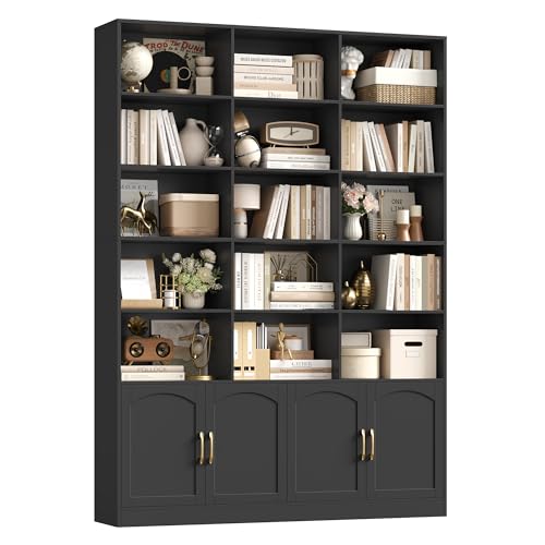 FirFurd Librería con Puertas, Estantería con Puertas, Librería Salón, Vitrina Salón, Estantería Libros, Estanterias Almacenaje Madera, 4 Puertas, 15 Compartimientos, Negro, 150x23.7x209cm