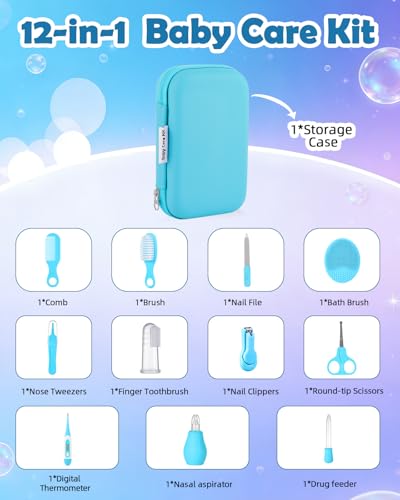 Baby Grooming Kit for Newborn Kids, Nursery Care Kit, Newborn Nursery Health Care Set with Hair Brush, Comb, Nail Clipper, Nasal Aspirator, Baby Essentials Kit for Newborn Girls Boys, Blue - Thumbnail 2
